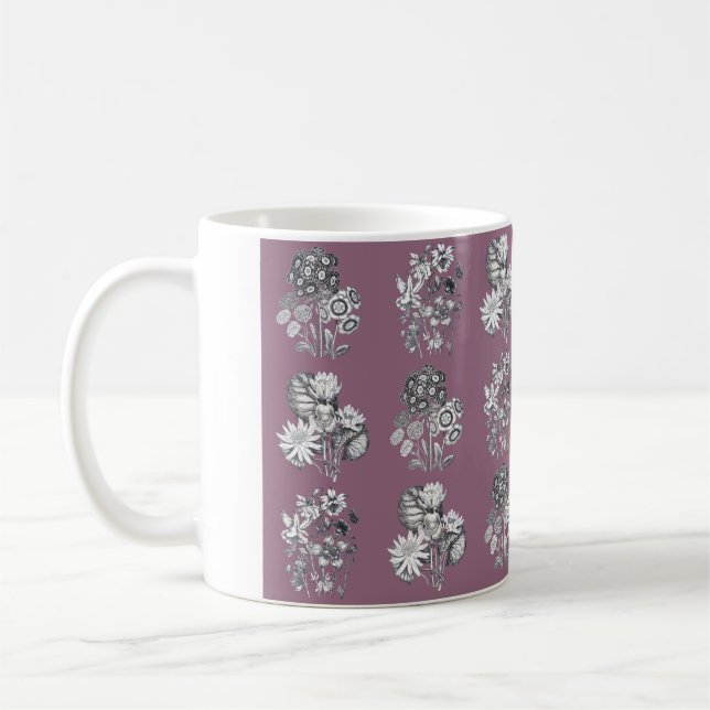 Taza De Café Flores monocromas sobre fondo malva (Izquierda)
