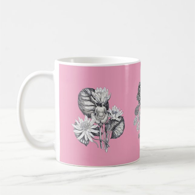 Taza De Café Flores monocromas sobre fondo rosa (Izquierda)