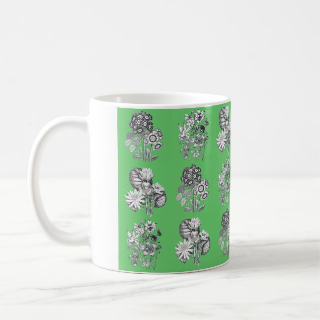 Taza De Café Flores monocromas sobre fondo verde (Izquierda)