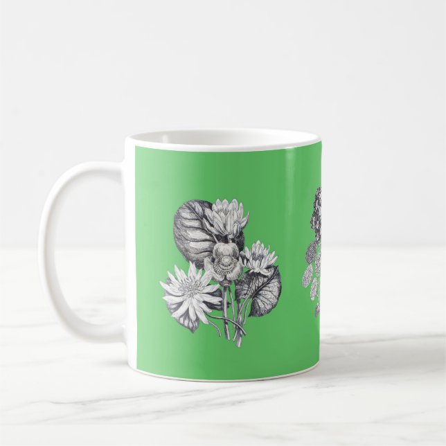 Taza De Café Flores monocromas sobre fondo verde (Izquierda)