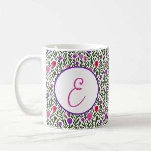 Taza De Café Flores monograma acuarela rosa y púrpura