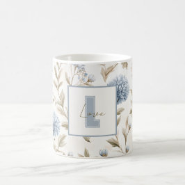 Taza De Café Flores Monograma Inicial Azul Marrón Crema Amor
