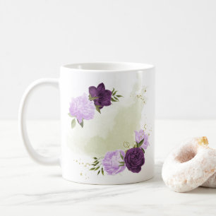 Taza De Café flores moradas hojas verdes