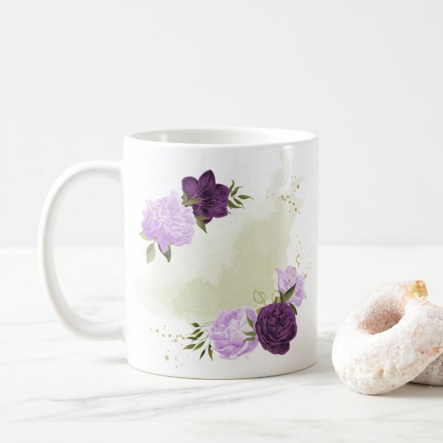 Taza De Café flores moradas hojas verdes  (Con donut)