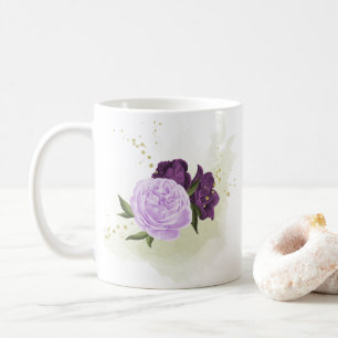 Taza De Café flores moradas hojas verdes