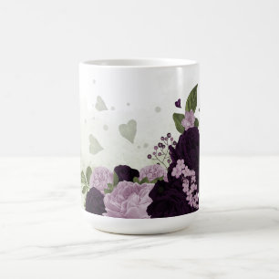 Taza De Café flores moradas oscuras y claras con follaje
