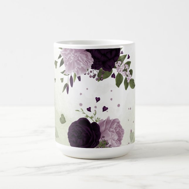 Taza De Café flores moradas oscuras y claras con follaje verde (Centro)