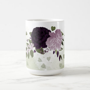Taza De Café flores moradas oscuras y claras con follaje verde