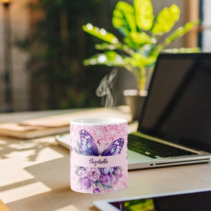 Taza De Café Flores moradas rosadas de mariposa
