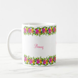 Taza De Café Flores multicolores y caligrafía