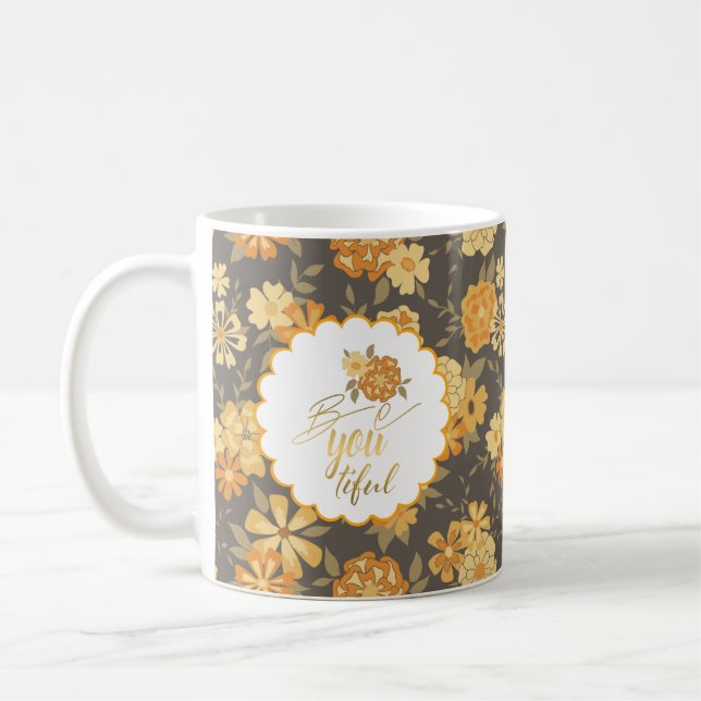 Taza De Café Flores Naranja Amarillo Cita Sé Tú (Izquierda)