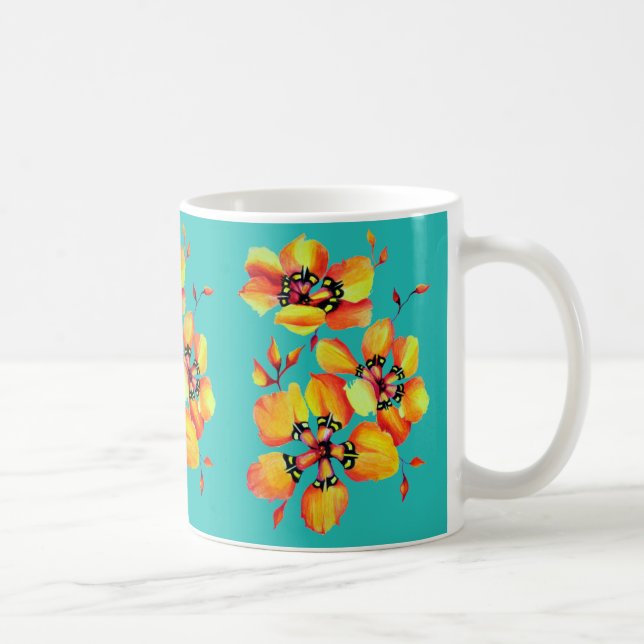 Taza De Café Flores Naranjas elegantes - Aqua (Derecha)