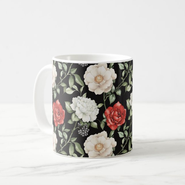 Taza De Café Flores Negras Rojas Blancas Elegantes (Anverso izquierdo)
