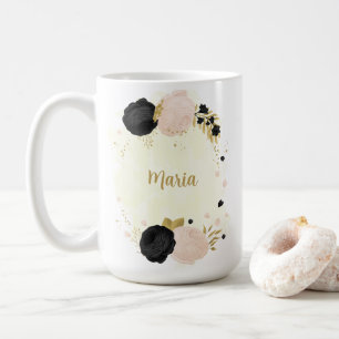 Taza De Café flores negras rosadas oro botánico boda