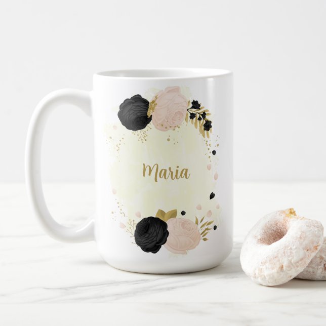 Taza De Café flores negras rosadas oro botánico boda (Con donut)