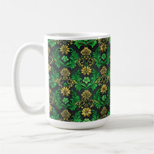 TAZA DE CAFÉ FLORES ORNADOS VERDE Y ORO IRLANDÉS