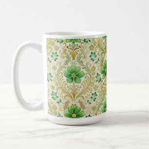 TAZA DE CAFÉ FLORES ORNADOS VERDE Y ORO IRLANDÉS