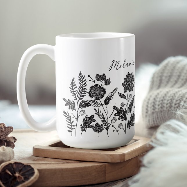 Taza De Café Flores otoñales de follaje personalizado negro (Personalized Foliage Autumn Flowers Black Coffee Mug)