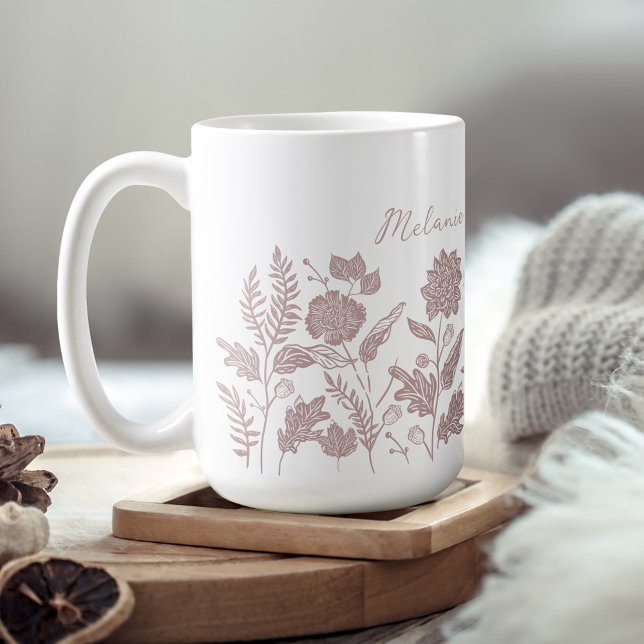 Taza De Café Flores otoñales de follaje personalizado rosa (Personalized Foliage Autumn Flowers Pink Coffee Mug)