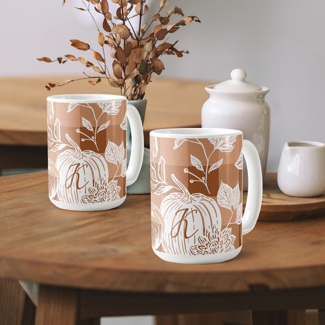 Taza De Café Flores otoñales y Naranja de calabaza (Fall Foliage Autumn Flowers & Pumpkin Orange Plaid Coffee Mug)