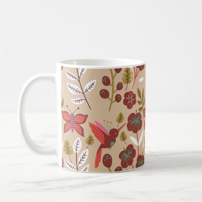 Taza De Café Flores, pájaros, mariposa, sin costuras florales (Izquierda)