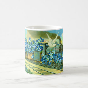 Taza De Café Flores, palomas y tren