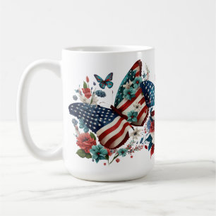 TAZA DE CAFÉ FLORES PATRIOTAS DE MARIPOSAS AZULES BLANCAS Y ROJ