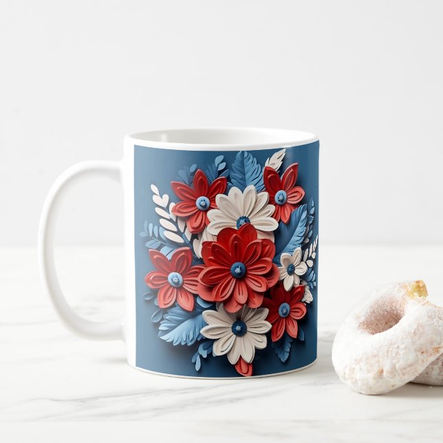 Taza De Café Flores patrióticas impresas con aspecto 3D (Con donut)