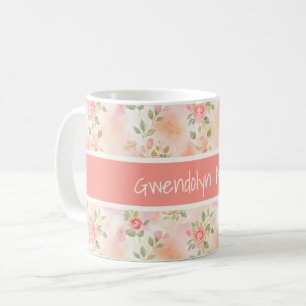 Taza De Café Flores Pequeñas Rosadas Melocotón Aquarela Abstrac
