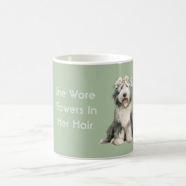Taza De Café Flores Perro Blanco Gris Verde  (Centro)