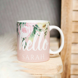 Taza De Café Flores Pink Pastel Modernas Hola Y Nombras
