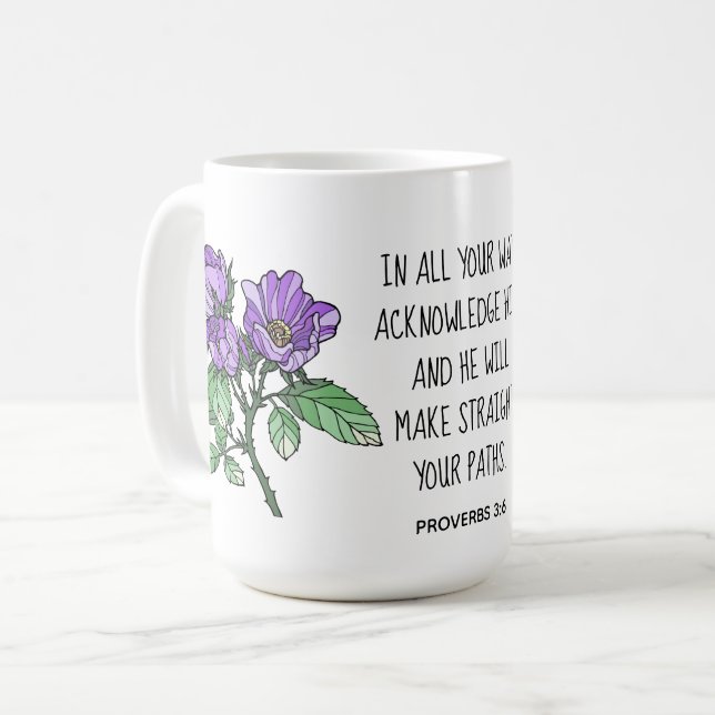 Taza De Café Flores pintadas, con verso de los proverbios 3:6 (Anverso izquierdo)
