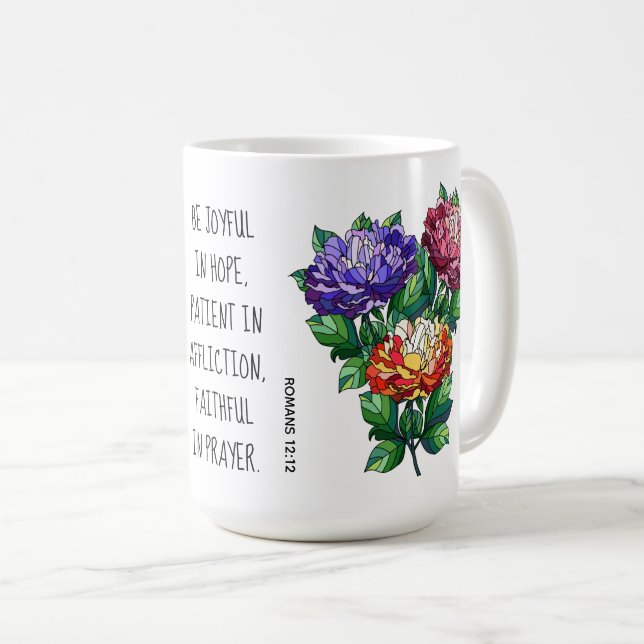 Taza De Café Flores pintadas con verso de romanos 12:12 (Anverso derecho)