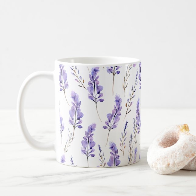 Taza De Café Flores Presionadas De Lavanda Estilo Acuarela (Con donut)