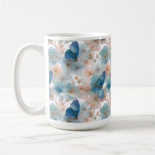 Taza De Café Flores primaverales vintage y mariposa azul