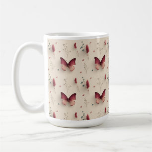 Taza De Café Flores primaverales vintage y mariposa sonrosada
