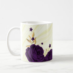 Taza De Café flores púrpura reales hojas doradas mármol