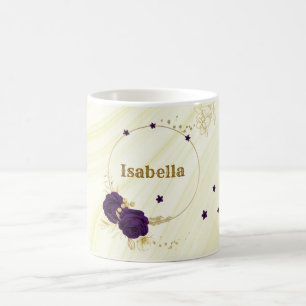Taza De Café flores púrpura reales hojas doradas mármol