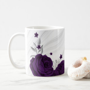Taza De Café flores púrpura reales mármol hojas plateadas