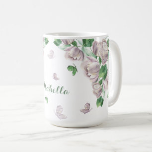 Taza De Café flores púrpura vegetación mariposas