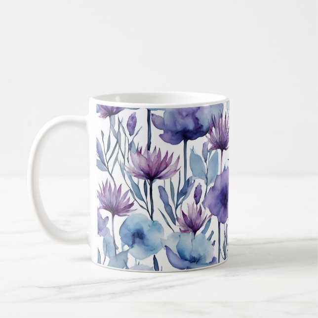Taza De Café Flores Púrpura Y Azul Acuarela Diseño Floral (Izquierda)