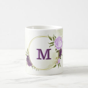 Taza De Café flores púrpuras hojas verdes