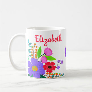 Taza De Café Flores Púrpuras Rojas Elegantes Y Mariposa