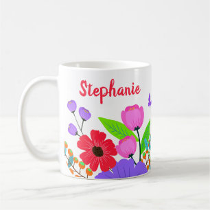 Taza De Café Flores Púrpuras Rojas Elegantes Y Mariposa