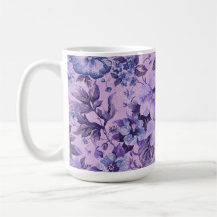 Taza De Café Flores púrpuras y rosadas sobre fondo de lavanda