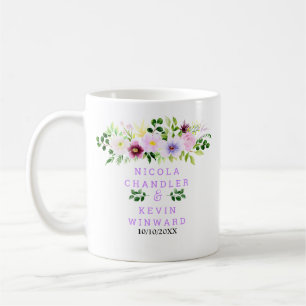 Taza De Café Flores Purpúreas de Primavera con Follaje Boda