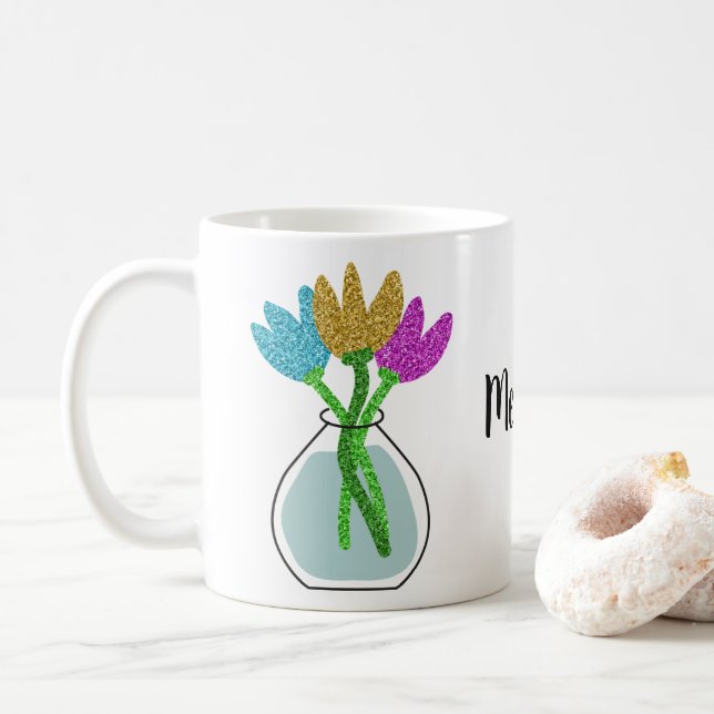 Taza De Café Flores Purpurinas bonitos personalizadas (Con donut)