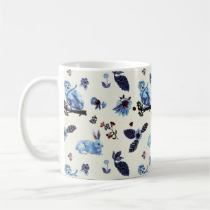 Taza De Café Flores Rabbit Monkey Blue White Vintage