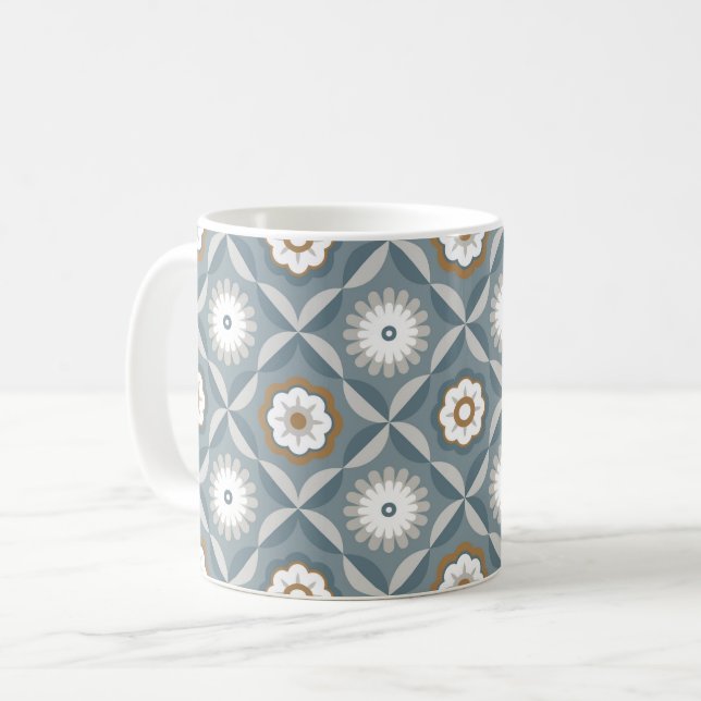 Taza De Café Flores retro azul gris (Anverso izquierdo)
