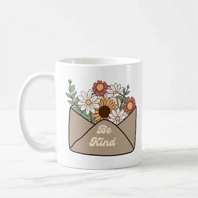 Taza De Café Flores retro con un mensaje positivo sé amable (Izquierda)